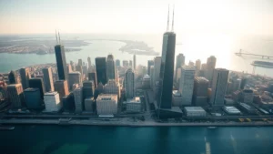 Aerial view of Chicago's downtown skyline with Lake Michigan reflecting sunlight, modern skyscrapers visible, daytime clear weather