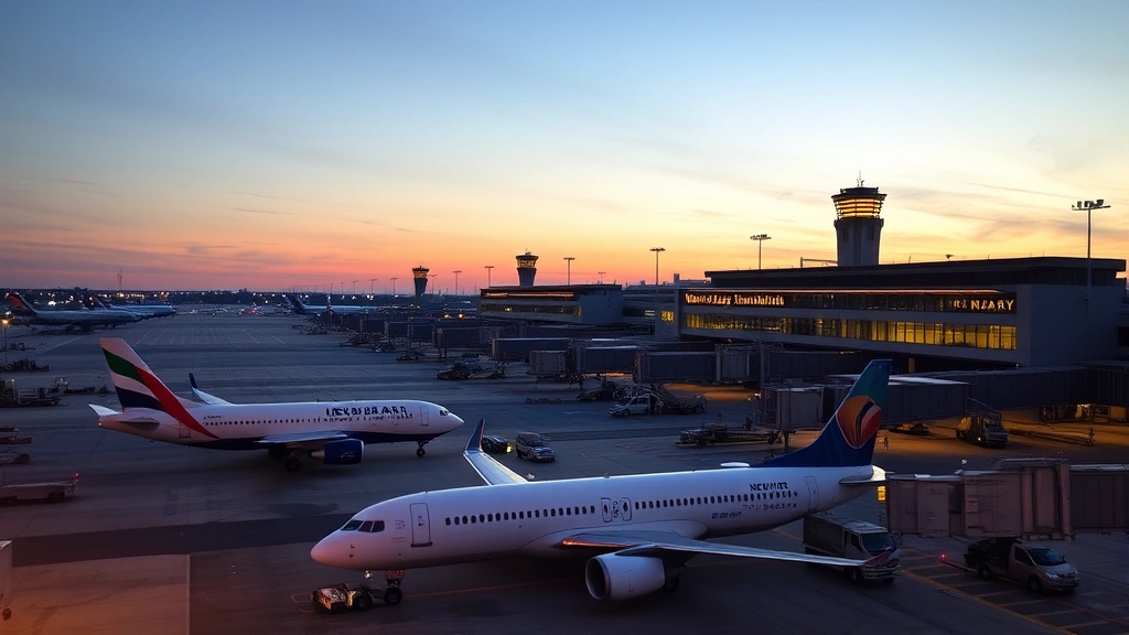 Newark Liberty International Airport exterior at sunset with planes parked at gates, terminal buildings illuminated, golden hour light