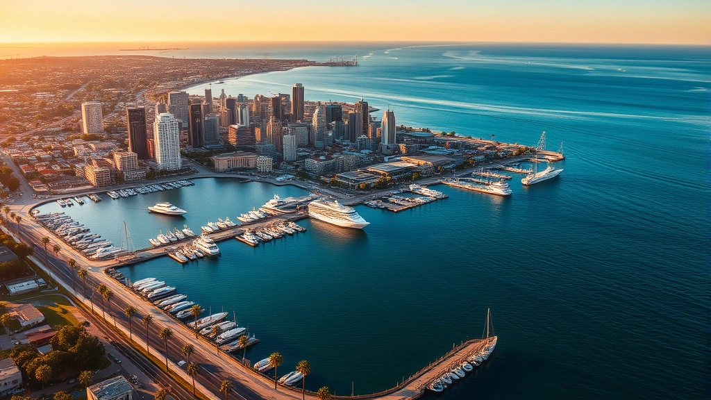 Aerial view of San Diego harbor with downtown skyline, blue ocean water, and palm trees lining the coast at golden hour, photorealistic travel photography