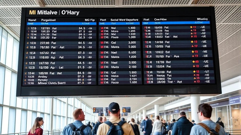 Chicago O'Hare or Midway airport departure board with flight information displayed, modern airport interior with travelers, bright natural lighting, professional travel photography