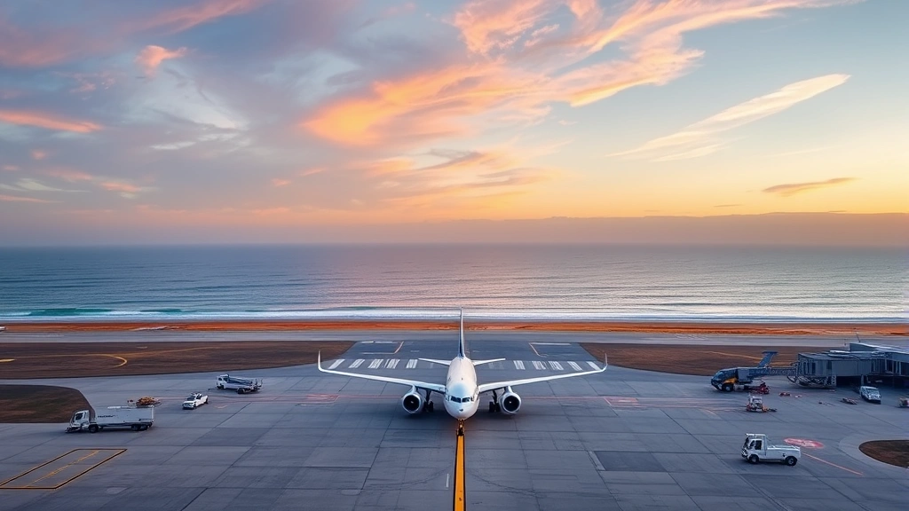 San Diego International Airport SAN tarmac with aircraft, beach and ocean visible in background, sunset lighting, dynamic travel destination imagery