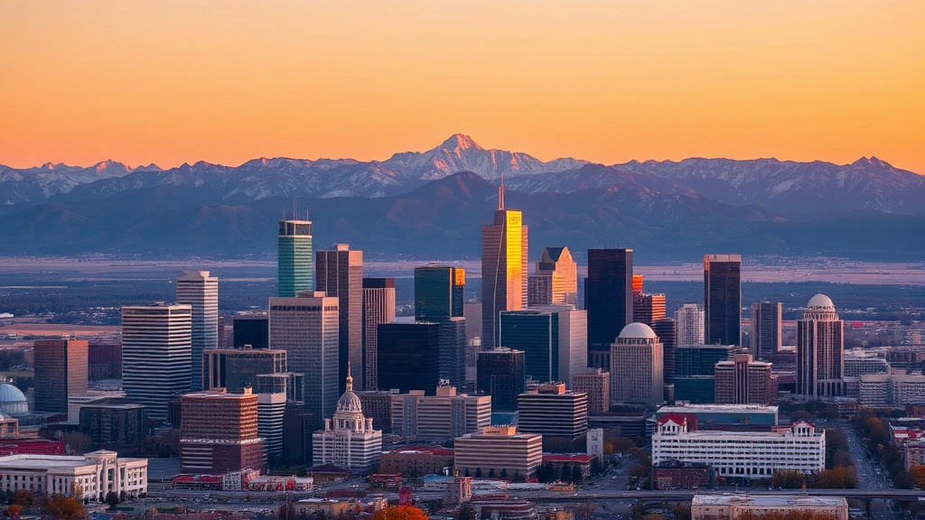 Aerial view of Denver skyline with Rocky Mountains in background at golden hour, downtown skyscrapers reflecting sunset light, dramatic mountain peaks behind city