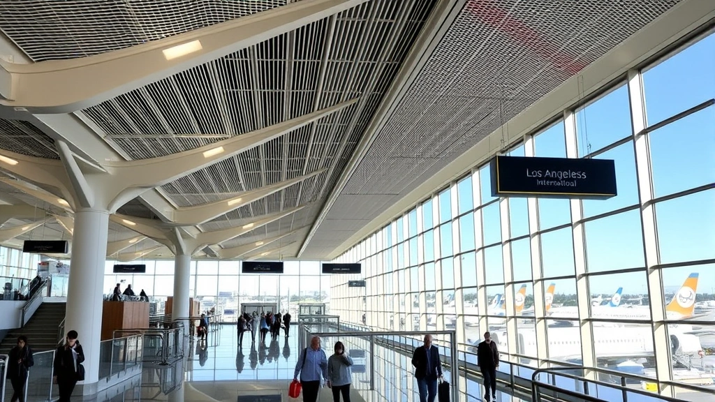 Los Angeles International Airport terminal with aircraft at gates, modern architecture, passengers walking through contemporary airport corridors, bright natural lighting through large windows