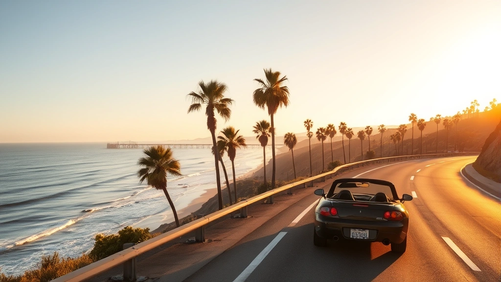 Scenic California coastal highway with Pacific Ocean views, palm trees, convertible car on road, Santa Monica pier visible in distance, golden hour lighting, coastal cliffs