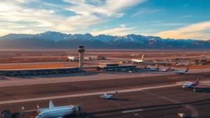 Aerial view of Denver International Airport with snow-capped Rocky Mountains in background during golden hour, aircraft on tarmac, vibrant blue sky