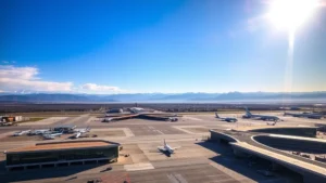 Aerial view of Denver International Airport terminal with mountains visible in background, morning sunlight, aircraft on tarmac, vibrant blue sky