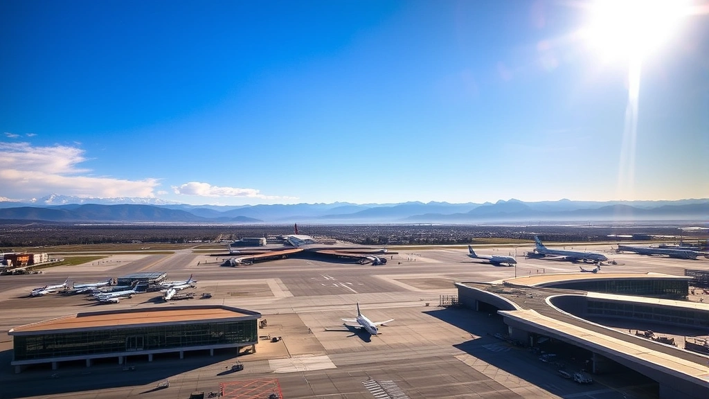 Aerial view of Denver International Airport terminal with mountains visible in background, morning sunlight, aircraft on tarmac, vibrant blue sky
