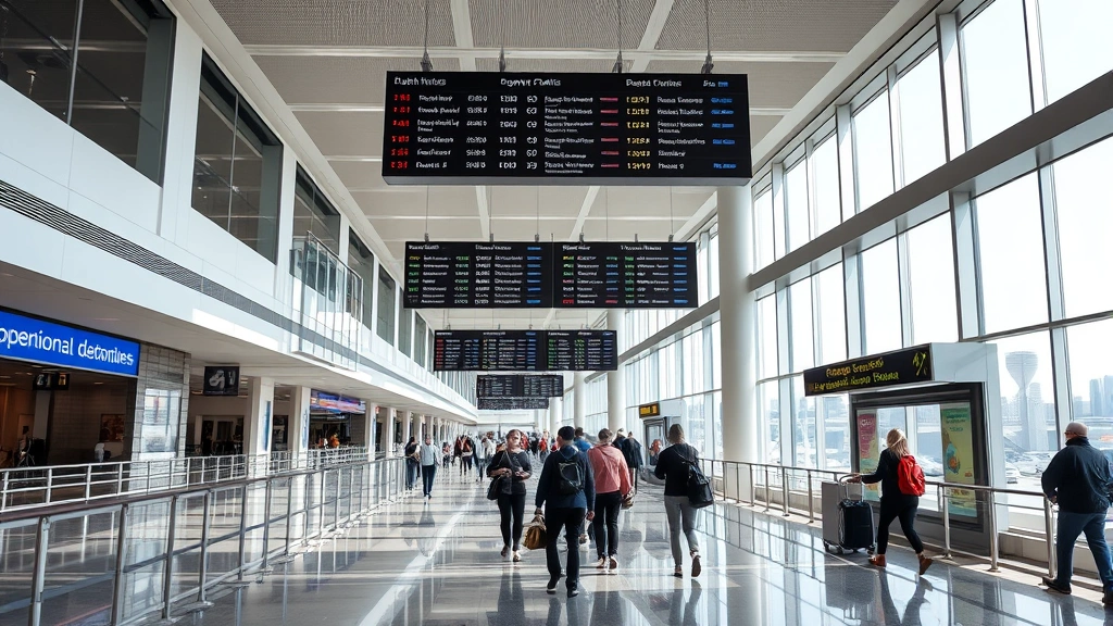 Modern airport corridor in Houston with travelers walking, departure boards overhead, natural lighting through large windows, contemporary architecture