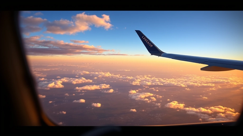 Commercial airplane cockpit view during flight over Texas landscape, wing visible, scattered clouds, golden hour lighting, expansive horizon