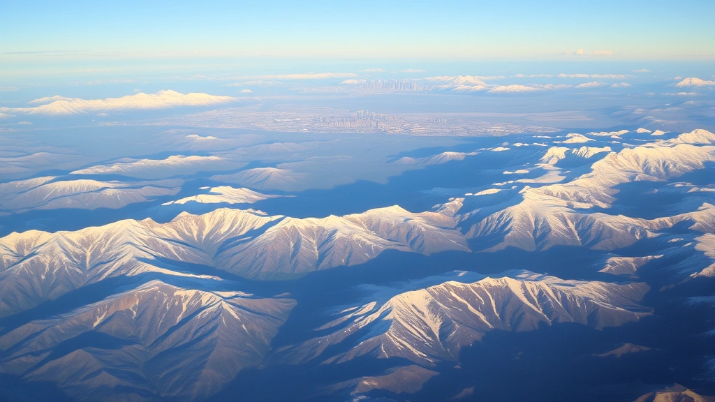 Rocky Mountains landscape with Denver skyline visible in distance, early morning light, snow-capped peaks, aerial perspective from airplane window