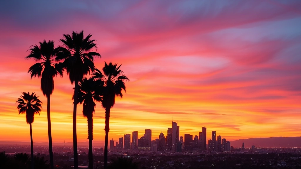 Los Angeles skyline at sunset with palm trees silhouetted against vibrant orange and pink sky, downtown buildings glowing with lights, coastal city panorama