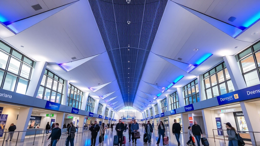 Denver International Airport modern terminal interior with distinctive blue accent lighting, contemporary architecture, spacious corridors, travelers walking with luggage
