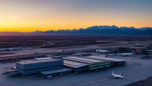 Aerial sunrise view of Denver International Airport with snow-capped Rocky Mountains in background, modern terminal buildings, planes on tarmac