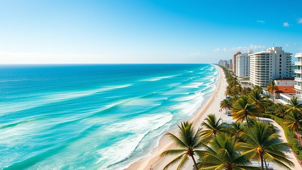 Vibrant Miami coastal landscape with turquoise ocean waves, Art Deco buildings along South Beach, palm trees, bright sunny day with clear blue sky