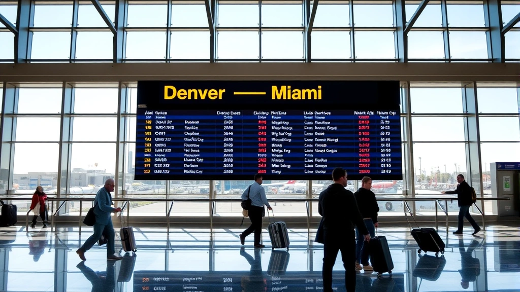 Interior of modern airport terminal showing departure board displaying Denver-Miami flights, travelers with luggage, natural lighting from large windows