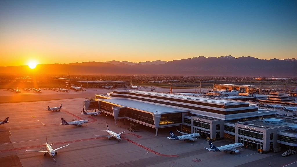 Aerial view of Denver International Airport terminal with mountains in background at sunset, modern architecture, planes on tarmac, golden hour lighting