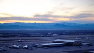 Aerial view of Denver International Airport at sunrise with snow-capped Rocky Mountains in background, modern terminal building visible