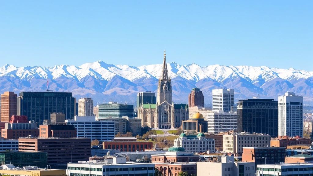 Salt Lake City downtown skyline with Temple Square and snow-capped Wasatch Mountains behind, urban landscape, clear blue sky, modern buildings