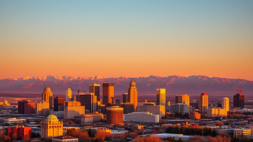 Salt Lake City skyline with Wasatch Mountains at sunset, downtown towers reflecting golden light, urban landscape photography