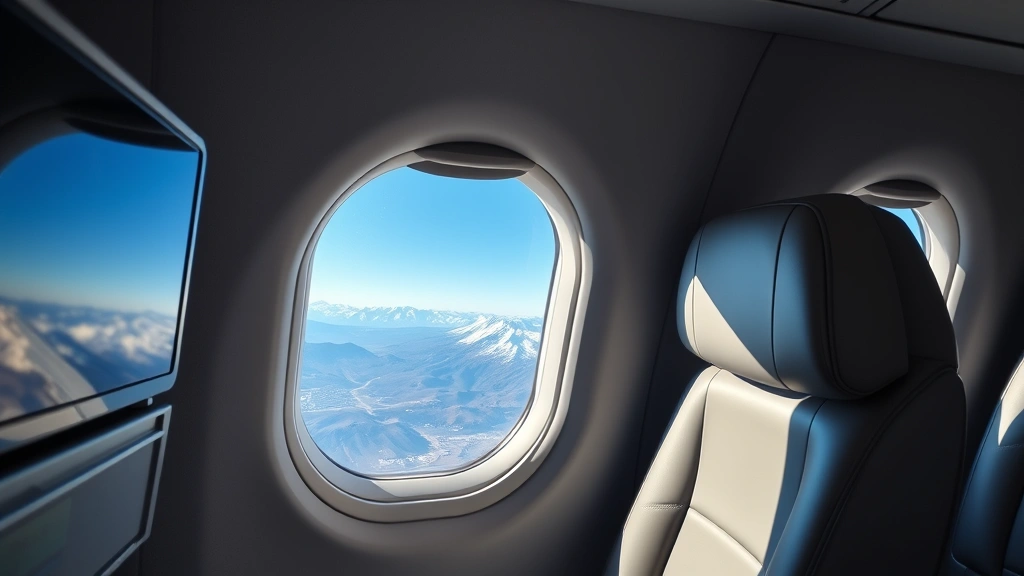 Interior of modern aircraft cabin during flight with window seat view of mountain landscape between Denver and Salt Lake City