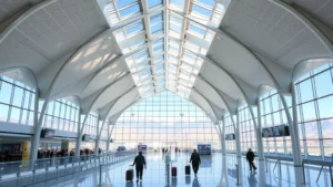Modern Denver International Airport terminal interior with soaring white tent-like architecture, natural light streaming through skylights, travelers with luggage walking through clean contemporary concourse with mountain views visible through windows
