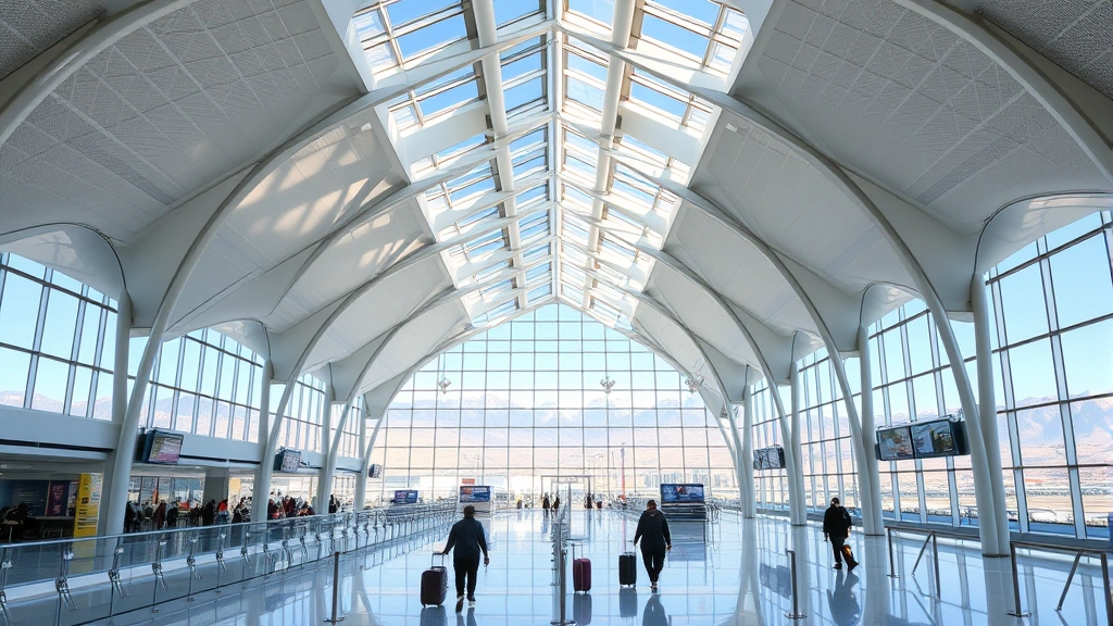 Modern Denver International Airport terminal interior with soaring white tent-like architecture, natural light streaming through skylights, travelers with luggage walking through clean contemporary concourse with mountain views visible through windows