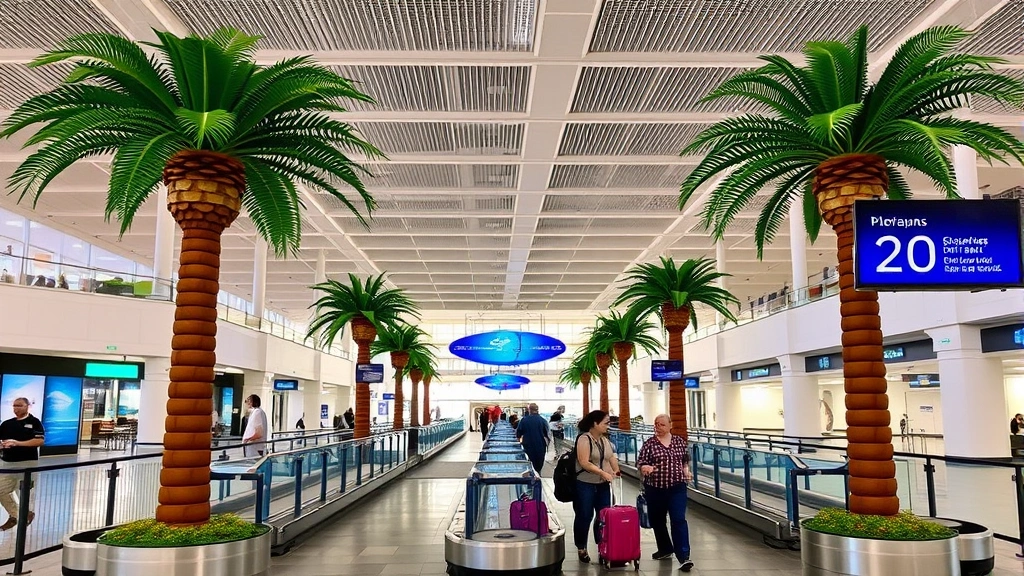 Tampa International Airport baggage claim area with palm tree decorations and Florida-themed design elements, travelers collecting luggage from carousel, bright modern architecture and tropical ambiance