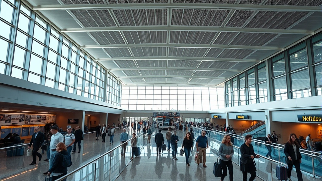 Detroit Metropolitan Airport terminal interior with modern architecture and travelers moving through concourse, natural lighting from large windows, professional travel photography