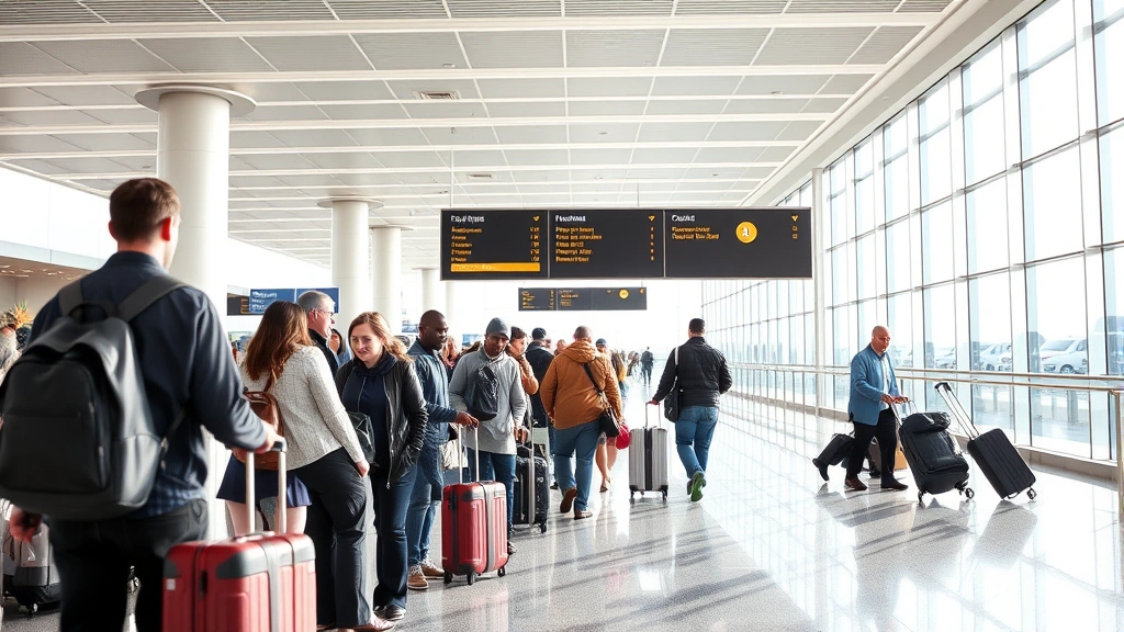 Atlanta Hartsfield-Jackson Airport passengers with luggage at gate area, bright modern terminal design, diverse travelers preparing for flight, dynamic travel scene