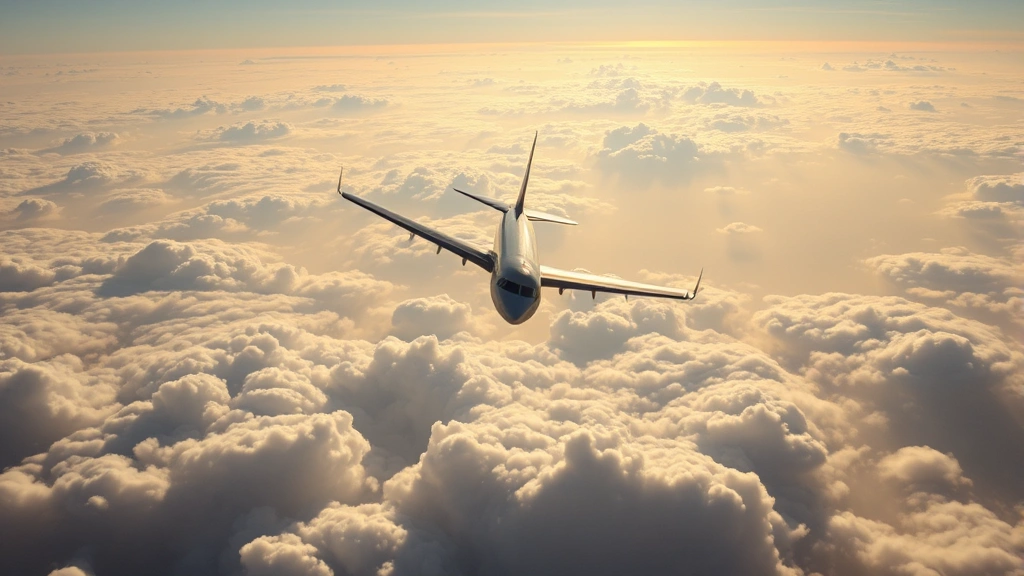Aerial view of commercial airplane flying above clouds during daytime with sunlight, representing the Detroit to Atlanta flight path, scenic aviation photography