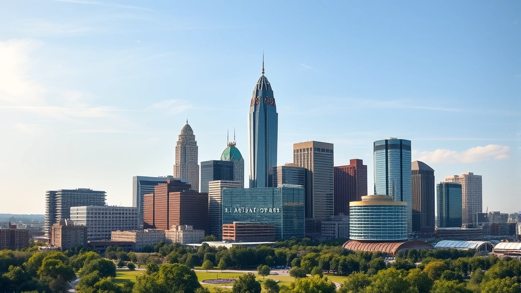Atlanta downtown skyline featuring the distinctive modern buildings and urban landscape with green parks visible, daytime bright lighting