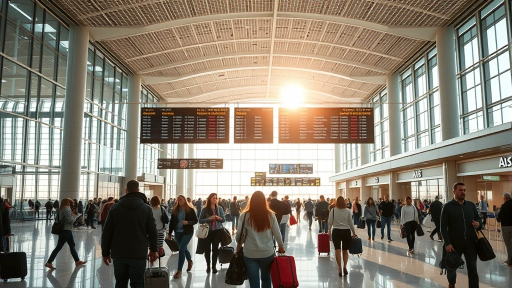Busy airport terminal interior with travelers walking with luggage, departure boards, modern architecture with natural light streaming through windows