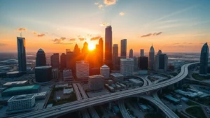 Aerial view of Houston's downtown skyline with modern skyscrapers and highways during golden hour sunset, professional photography