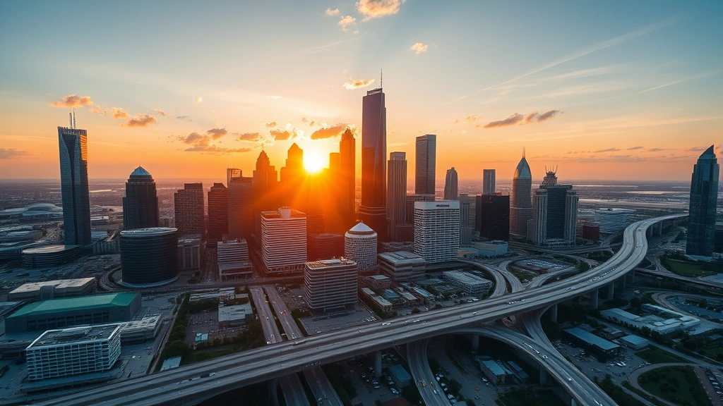Aerial view of Houston's downtown skyline with modern skyscrapers and highways during golden hour sunset, professional photography