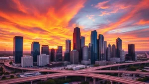 Aerial view of Houston skyline at sunset with modern skyscrapers and highway interchange, vibrant orange and purple sky, professional travel photography