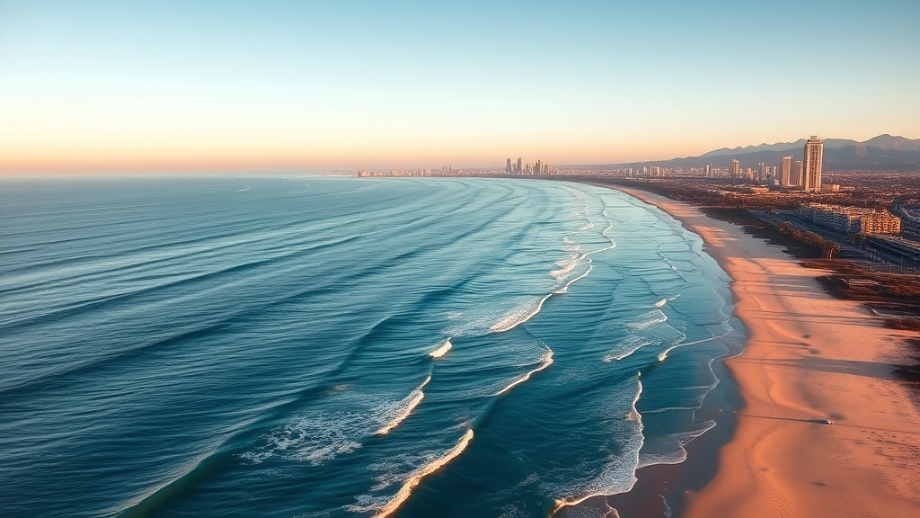 Scenic California coastline near LAX with Pacific Ocean, sandy beaches, palm trees, and blue water, golden hour lighting, photorealistic travel destination