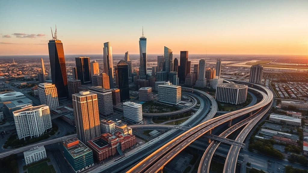 Aerial view of Houston skyline with modern skyscrapers and highways stretching toward horizon, golden hour sunset lighting, vibrant Texas urban landscape