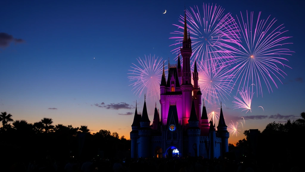 Orlando theme park castle silhouette at dusk with colorful fireworks exploding overhead, magical nighttime atmosphere, crowds of visitors visible, vibrant entertainment destination energy