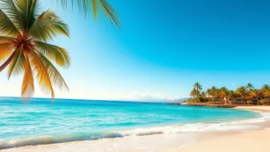 Tropical turquoise ocean water meeting white sand beach in Honolulu, clear blue sky, palm trees framing the shore, golden afternoon sunlight, photorealistic travel destination photography