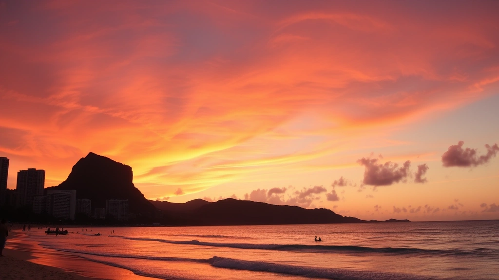 Waikiki Beach panoramic sunset view with Diamond Head mountain silhouette, warm orange and pink sky reflecting on water, beachgoers and surfers in distance, Hawaiian tropical paradise landscape