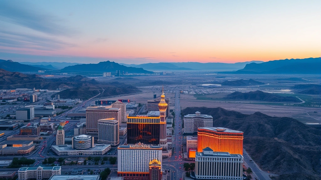Aerial view of Las Vegas Strip with desert landscape and mountains in background, golden hour lighting showing city sprawl
