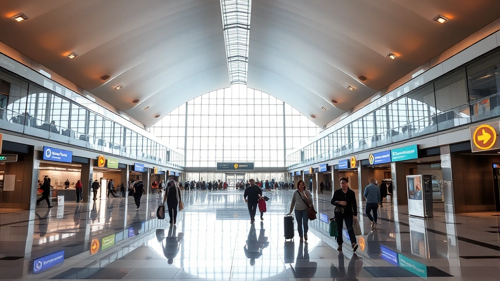 Phoenix Sky Harbor International Airport terminal interior with modern architecture, travelers walking through bright contemporary gates and signage