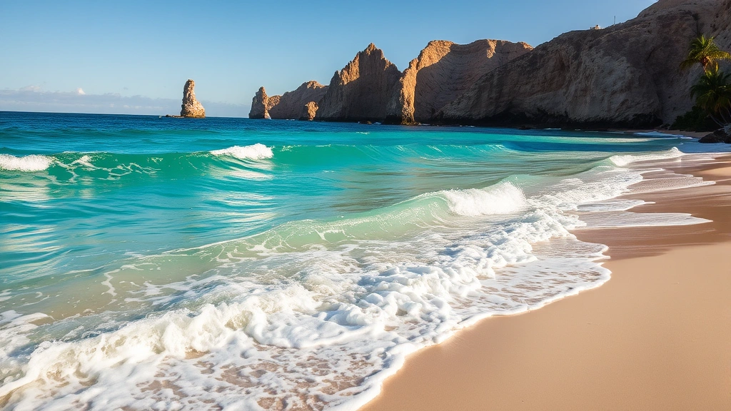 Turquoise ocean waves crashing on pristine white sand beach with palm trees and rocky cliffs in background, golden hour sunset lighting, Cabo San Lucas landscape