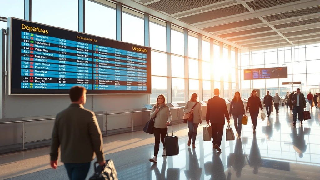 Modern airport departure board showing flight information with passengers walking through contemporary terminal, bright natural lighting through large windows