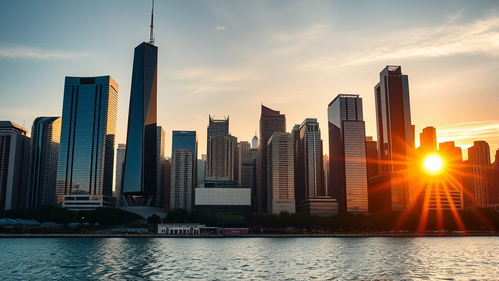 Modern Chicago skyline featuring Willis Tower and Lake Michigan waterfront at golden hour, downtown architecture reflecting sunlight, vibrant cityscape