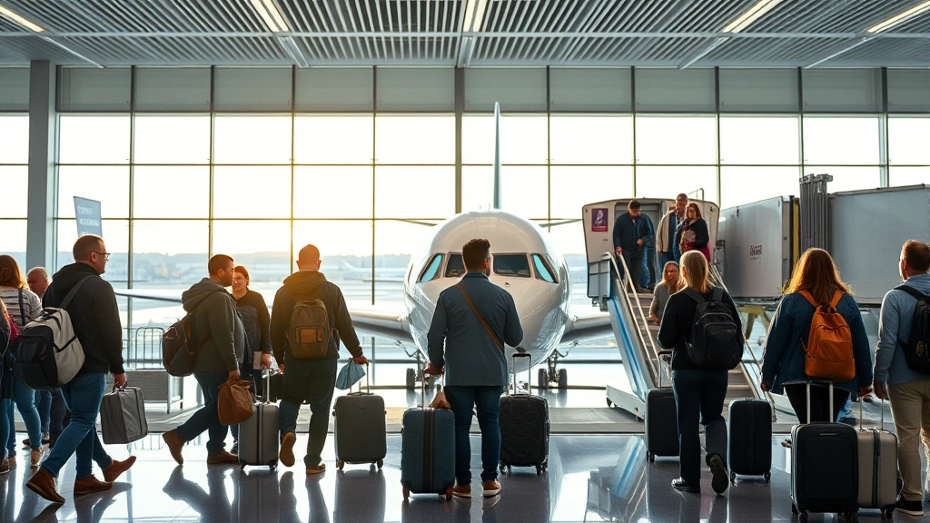 Passengers boarding commercial airplane at gate inside modern airport terminal, diverse travelers with luggage, bright airport lighting and windows