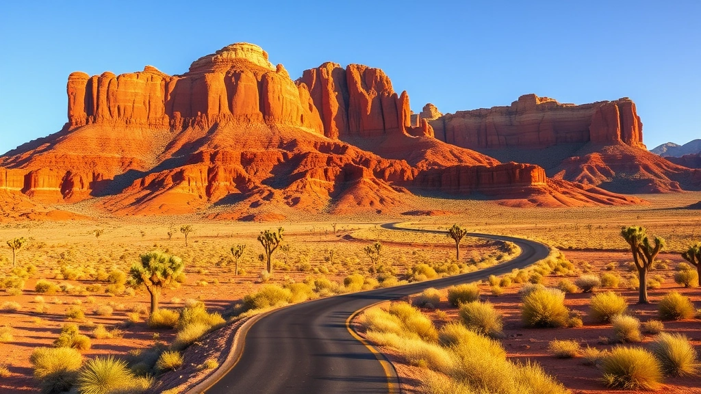 Desert landscape near Las Vegas showing red rock formations, clear blue sky, winding road, Joshua trees, golden sunlight, vast open terrain, photorealistic