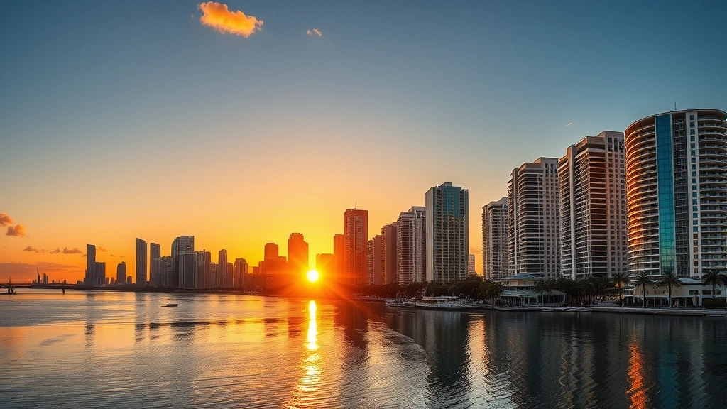 Vibrant Miami skyline at sunset with Biscayne Bay and modern buildings reflected in water, golden hour lighting, no text or signs