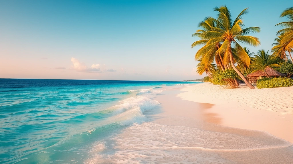 Colorful tropical beach in Puerto Rico with turquoise waters, white sand, and palm trees, clear sunny day, paradise vacation scene