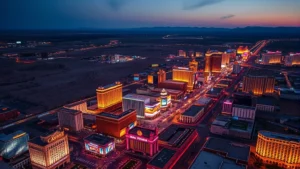 Aerial view of Las Vegas Strip with neon lights glowing at dusk, desert landscape surrounding the city, vibrant casinos and hotels visible from above, photorealistic travel photography